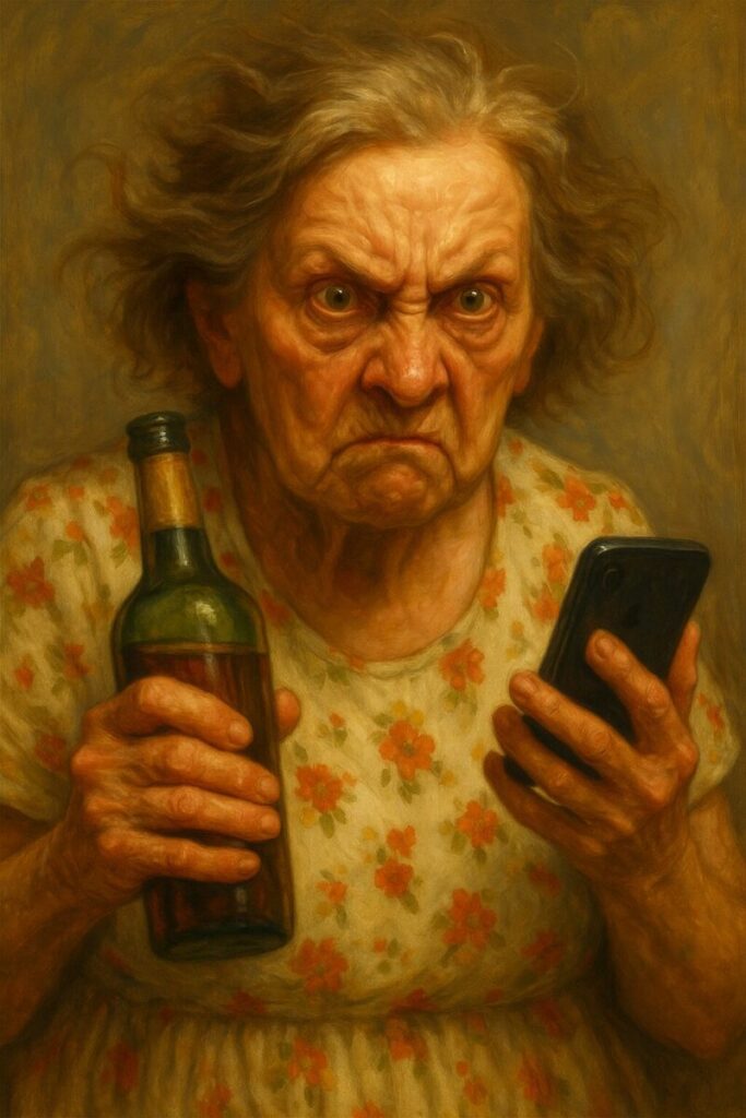 酒と携帯を持ちながら、こちらを見るおばあちゃん。