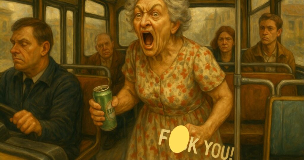 花柄ワンピース姿でビール缶を持ちながら叫ぶおばあさんの絵。マルタのバスでの自由でカオスな雰囲気を表現したアイキャッチ画像。